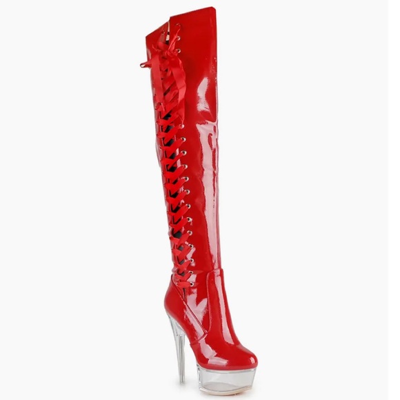 Offer! Golden Voltaire Shiny Patent Red Lace-Up Platform Lucite Clear Heel Boots - Picture 1 of 7